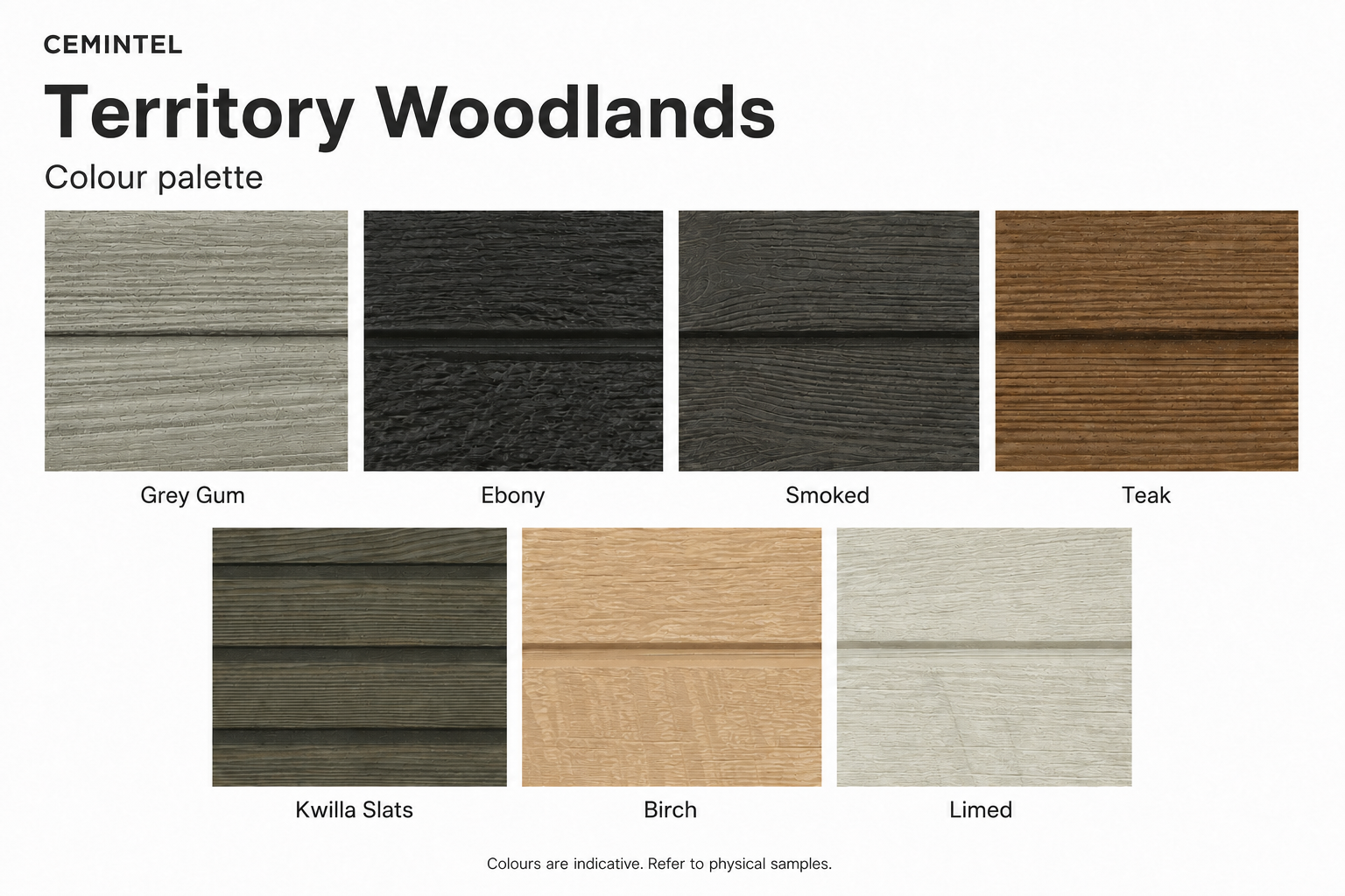 Cemintel Territory Woodlands colour palette
